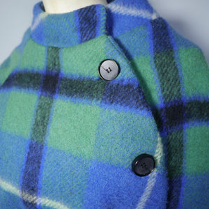 GREEN AND BLUE PLAID CHECK WOOL CAPE COAT WITH BELT - M