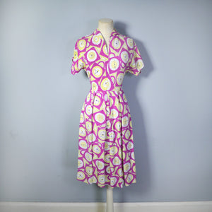 40s DARK PINK NOVELTY CLOCK FACE PRINT DRESS - XS