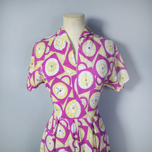 40s DARK PINK NOVELTY CLOCK FACE PRINT DRESS - XS