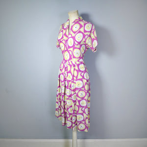 40s DARK PINK NOVELTY CLOCK FACE PRINT DRESS - XS