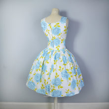 Load image into Gallery viewer, 50s BIG PASTEL BLUE ROSE PRINT FULL SKIRTED COTTON DRESS - PETITE SIZE / XS