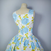 Load image into Gallery viewer, 50s BIG PASTEL BLUE ROSE PRINT FULL SKIRTED COTTON DRESS - PETITE SIZE / XS