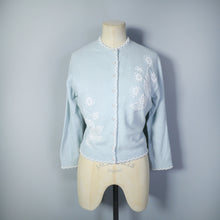 Load image into Gallery viewer, 50s 60s PASTEL BLUE FINE KNIT WOOL CARDIGAN WITH FLORAL BEADWORK - S-M