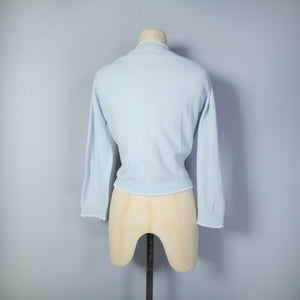 50s 60s PASTEL BLUE FINE KNIT WOOL CARDIGAN WITH FLORAL BEADWORK - S-M