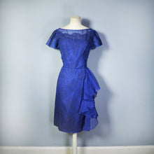 Load image into Gallery viewer, 50s BLUE LACE COCKTAIL WIGGLE DRESS WITH HIP WATERFALL DRAPE - S