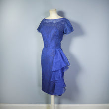 Load image into Gallery viewer, 50s BLUE LACE COCKTAIL WIGGLE DRESS WITH HIP WATERFALL DRAPE - S