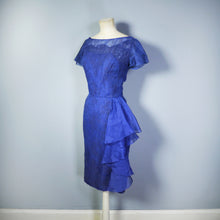 Load image into Gallery viewer, 50s BLUE LACE COCKTAIL WIGGLE DRESS WITH HIP WATERFALL DRAPE - S