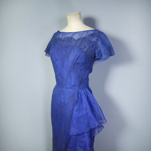 50s BLUE LACE COCKTAIL WIGGLE DRESS WITH HIP WATERFALL DRAPE - S