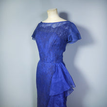 Load image into Gallery viewer, 50s BLUE LACE COCKTAIL WIGGLE DRESS WITH HIP WATERFALL DRAPE - S
