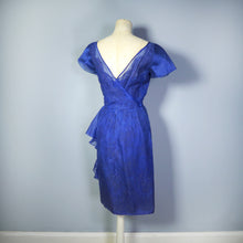 Load image into Gallery viewer, 50s BLUE LACE COCKTAIL WIGGLE DRESS WITH HIP WATERFALL DRAPE - S