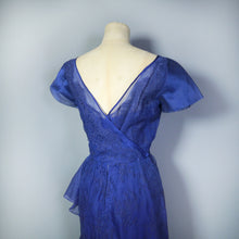 Load image into Gallery viewer, 50s BLUE LACE COCKTAIL WIGGLE DRESS WITH HIP WATERFALL DRAPE - S