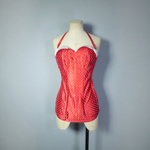 50s "SIDROY" RED FLOCKED SATIN SHIRRED SWIMSUIT - S