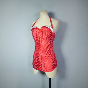 50s "SIDROY" RED FLOCKED SATIN SHIRRED SWIMSUIT - S