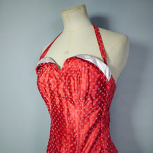 Load image into Gallery viewer, 50s &quot;SIDROY&quot; RED FLOCKED SATIN SHIRRED SWIMSUIT - S