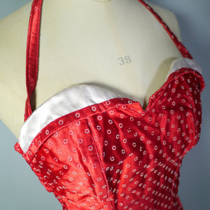 50s "SIDROY" RED FLOCKED SATIN SHIRRED SWIMSUIT - S