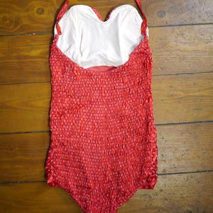 50s "SIDROY" RED FLOCKED SATIN SHIRRED SWIMSUIT - S