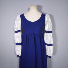 Load image into Gallery viewer, 60s GOTHIC DEEP BLUE VELOUR MINI EMPIRE MOD DRESS WITH LACE SLEEVES - XS