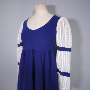 60s GOTHIC DEEP BLUE VELOUR MINI EMPIRE MOD DRESS WITH LACE SLEEVES - XS