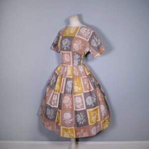 50s "STYLE QUEEN" BROWN ROSE STENCIL PRINT FULL SKIRTED COTTON DRESS - S-M