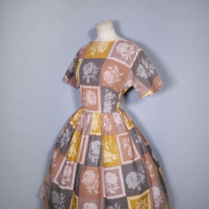 50s "STYLE QUEEN" BROWN ROSE STENCIL PRINT FULL SKIRTED COTTON DRESS - S-M