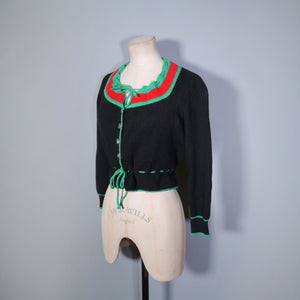 60s 70s BLACK GREEN AND RED COLOURBLOCK CROPPED BAVARIAN / FOLK CARDIGAN - S