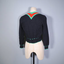 Load image into Gallery viewer, 60s 70s BLACK GREEN AND RED COLOURBLOCK CROPPED BAVARIAN / FOLK CARDIGAN - S