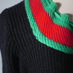 60s 70s BLACK GREEN AND RED COLOURBLOCK CROPPED BAVARIAN / FOLK CARDIGAN - S