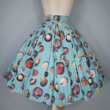 Load image into Gallery viewer, 50s &quot;SLIMMA&quot; BLUE FULL COTTON SKIRT WITH PHOTOGRAPHIC SEA SHELL PRINT - 25&quot;