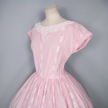 Load image into Gallery viewer, 50s PASTEL PINK GINGHAM FULL SKIRTED DAY DRESS WITH LACE NECKLINE - S
