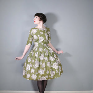 OLIVE GREEN 50s COTTON DRESS WITH WHITE AND GREY ROSE PRINT - S