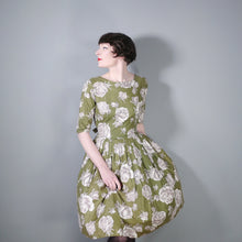 Load image into Gallery viewer, OLIVE GREEN 50s COTTON DRESS WITH WHITE AND GREY ROSE PRINT - S