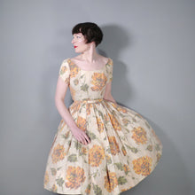 Load image into Gallery viewer, 50s ORANGE FLORAL CHIFFON OVERLAY FULL SKIRTED PARTY DRESS - S