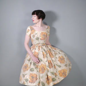 50s ORANGE FLORAL CHIFFON OVERLAY FULL SKIRTED PARTY DRESS - S