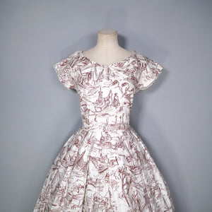50s WHITE AND BROWN LINE DRAWN NOVELTY CITYSCAPE PRINT DRESS - S