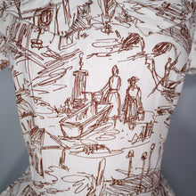 Load image into Gallery viewer, 50s WHITE AND BROWN LINE DRAWN NOVELTY CITYSCAPE PRINT DRESS - S