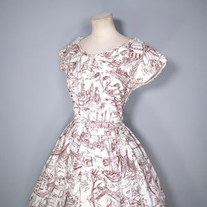 50s WHITE AND BROWN LINE DRAWN NOVELTY CITYSCAPE PRINT DRESS - S