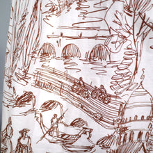Load image into Gallery viewer, 50s WHITE AND BROWN LINE DRAWN NOVELTY CITYSCAPE PRINT DRESS - S