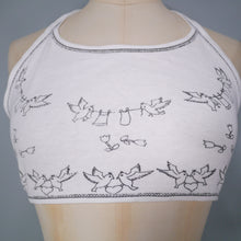 Load image into Gallery viewer, 70s ERICA BUDD WHITE CROPPED BIRD PRINT HALTER TIE TOP - S