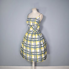 Load image into Gallery viewer, 50s 60s GREY, YELLOW AND WHITE CHECK PURE SILK FULL SKIRTED STRAPPY SUN DRESS - S
