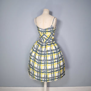 50s 60s GREY, YELLOW AND WHITE CHECK PURE SILK FULL SKIRTED STRAPPY SUN DRESS - S