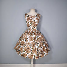 Load image into Gallery viewer, 50s 60s LARGE BROWN FLORAL PRINT FULL SKIRTED COTTON DRESS WITH SASH - M