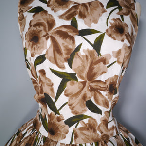 50s 60s LARGE BROWN FLORAL PRINT FULL SKIRTED COTTON DRESS WITH SASH - M