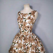 Load image into Gallery viewer, 50s 60s LARGE BROWN FLORAL PRINT FULL SKIRTED COTTON DRESS WITH SASH - M