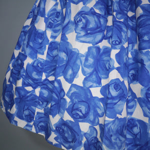 50s PEGGY PAGE VIBRANT PAINTERLY BLUE ROSE COTTON DRESS - M