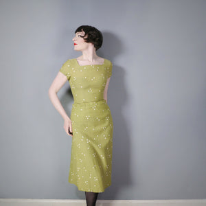 PALE GREEN POLKA DOT PRINTED 50s FITTED PENCIL DRESS WITH POCKETS - XS-S