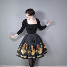 Load image into Gallery viewer, 50s BLACK COTTON JOHN WOLF PUPPY DOG IN BASKET NOVELTY BORDER PRINT SKIRT - 24&quot;