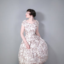 Load image into Gallery viewer, 50s WHITE AND BROWN LINE DRAWN NOVELTY CITYSCAPE PRINT DRESS - S