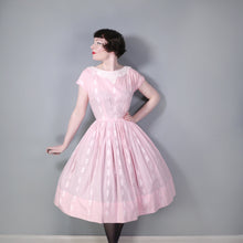 Load image into Gallery viewer, 50s PASTEL PINK GINGHAM FULL SKIRTED DAY DRESS WITH LACE NECKLINE - S
