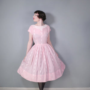 50s PASTEL PINK GINGHAM FULL SKIRTED DAY DRESS WITH LACE NECKLINE - S