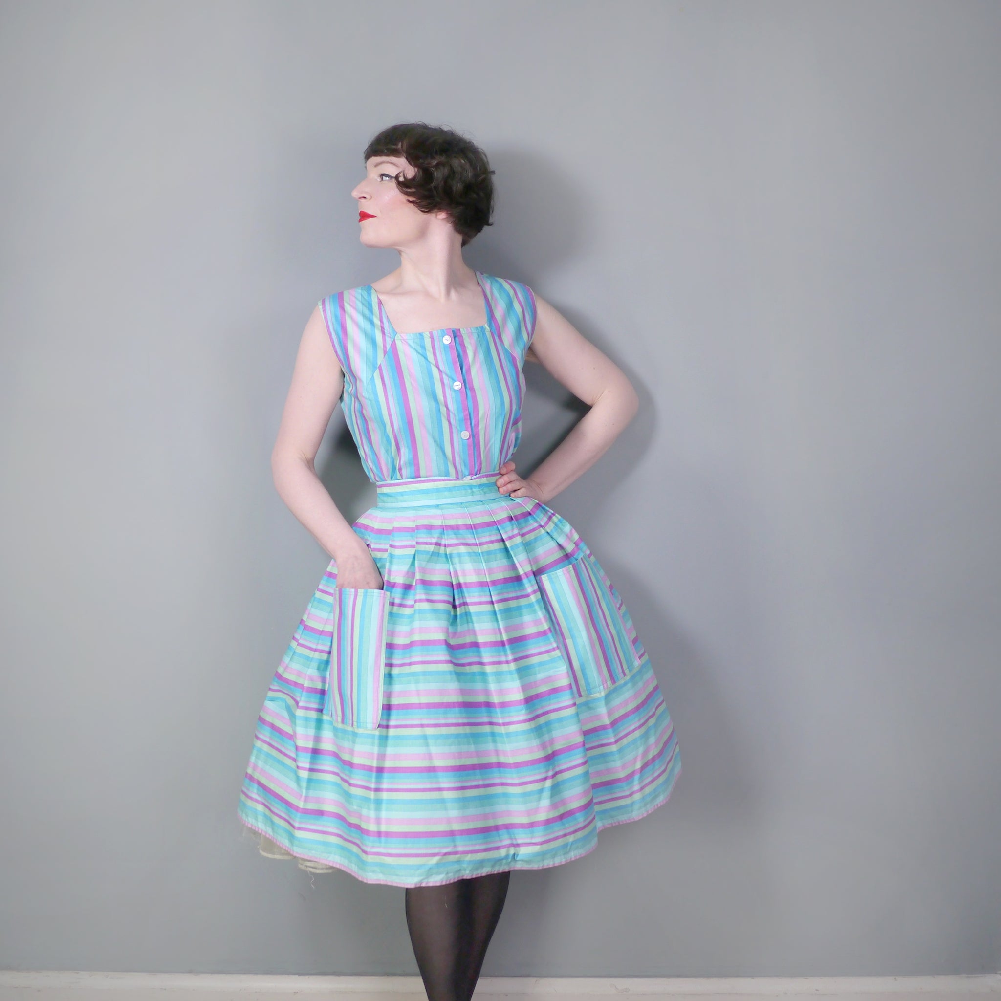 50s 60s HANDMADE BLUE STRIPE BLOUSE AND FULL SKIRT WITH POCKETS